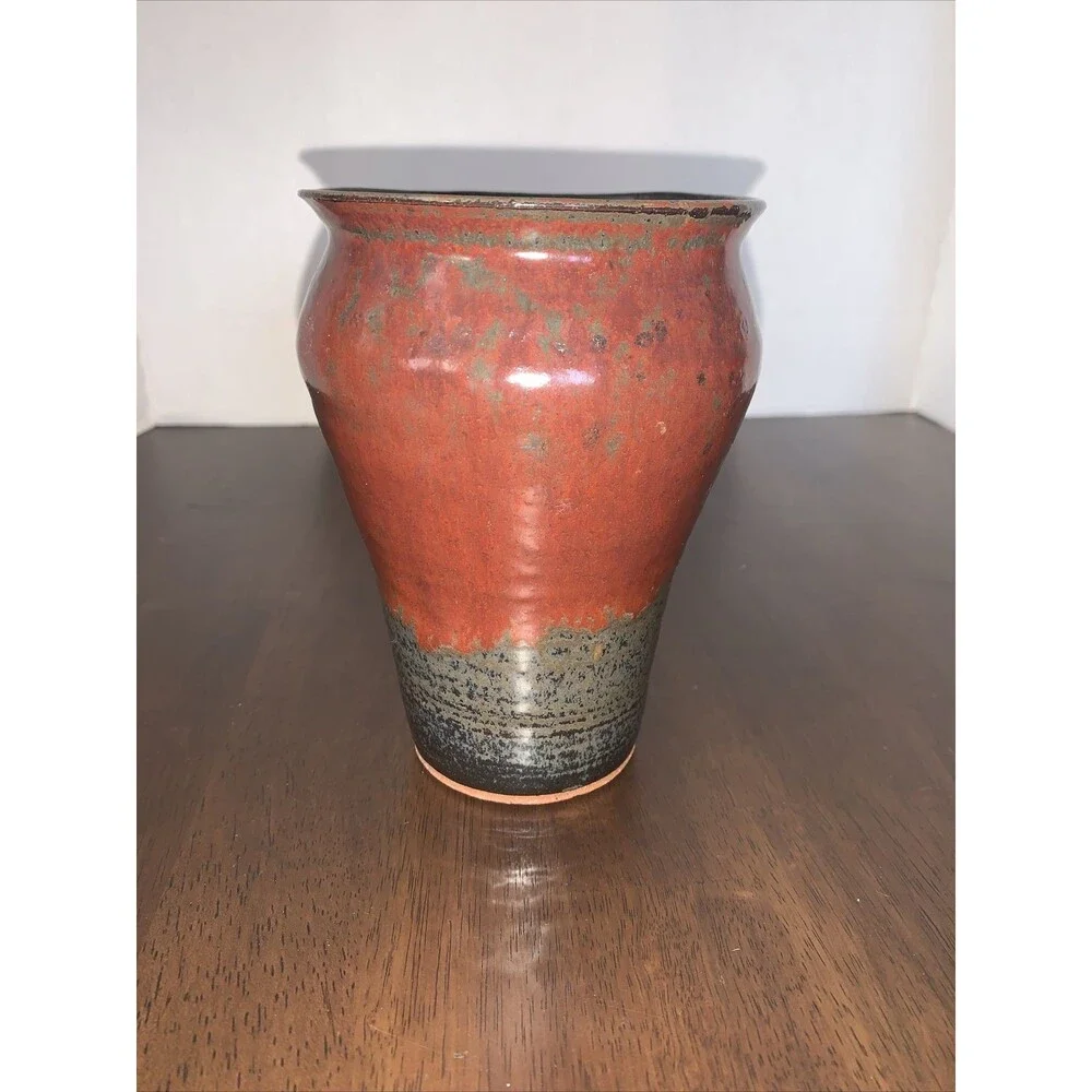 Deep Red & Blue Hand  Thrown Studio Art Pottery Pot Vase artist signed CB ‘92